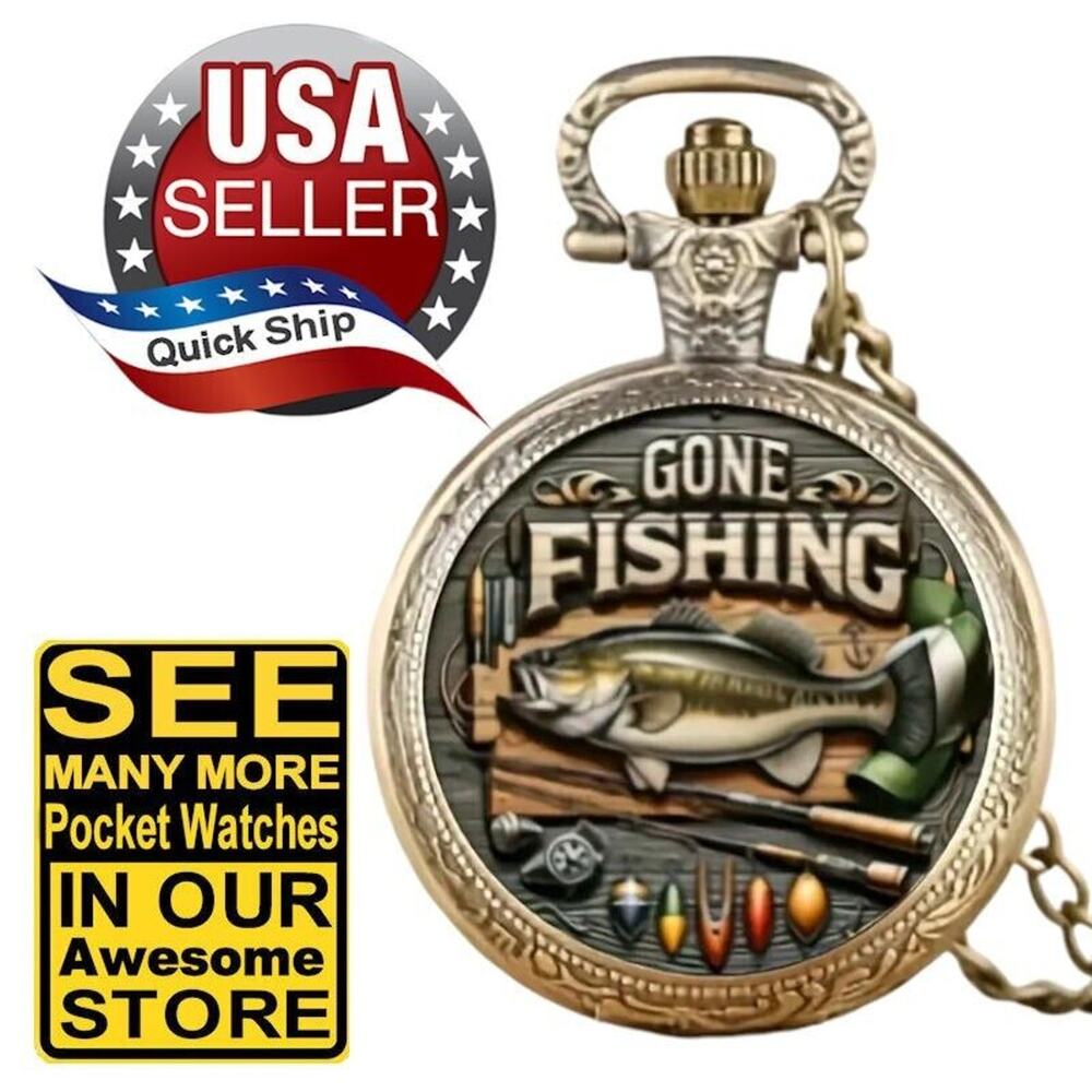 Bronze Vintage Gone Fishing Pocket Watch with Chain • Bass • Rods • Reels •Lures